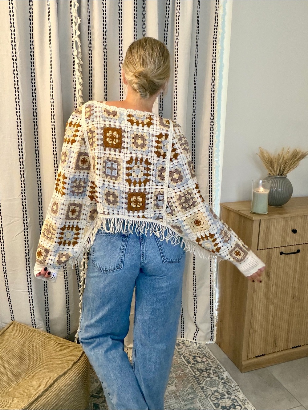 NWT House of Harlow 1960 Crochet Granny Square Fringe Poncho OS